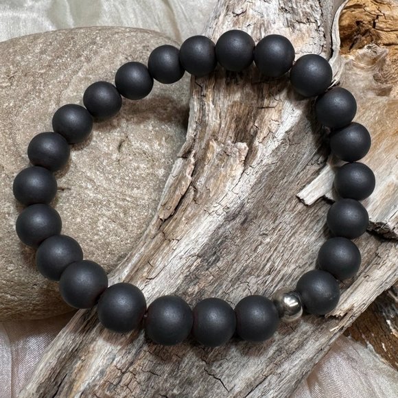 White Jade, Matte Hematite and Pink Jasper Genuine Gemstone Stretch Bracelets - Picture 3 of 4